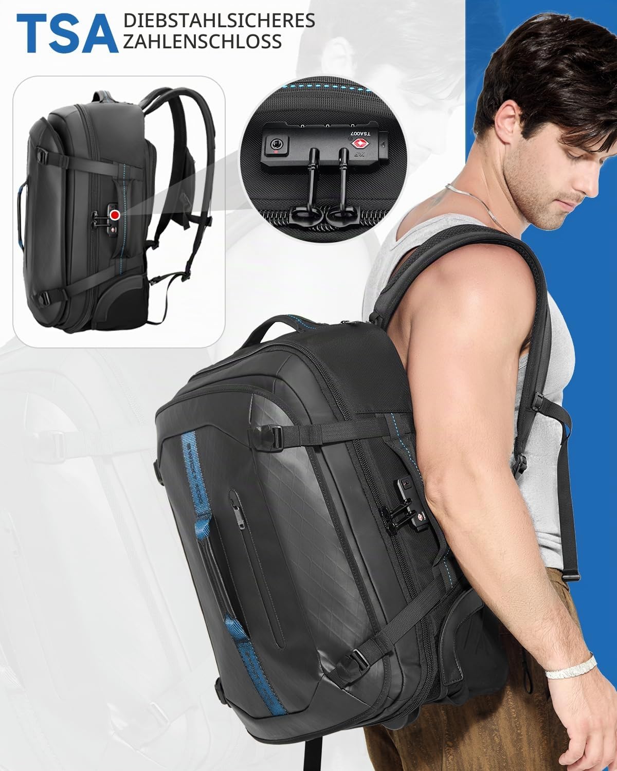 Trolley Rucksack mit Rollen – 45L Rollbarer Laptop-Rucksack inkl. 2 Packwürfeln, Wasserabweisendes Handgepäck für Flugzeug & Business, Koffer-Rucksack für Herren zum Reisen & Pendeln, Schwarz
