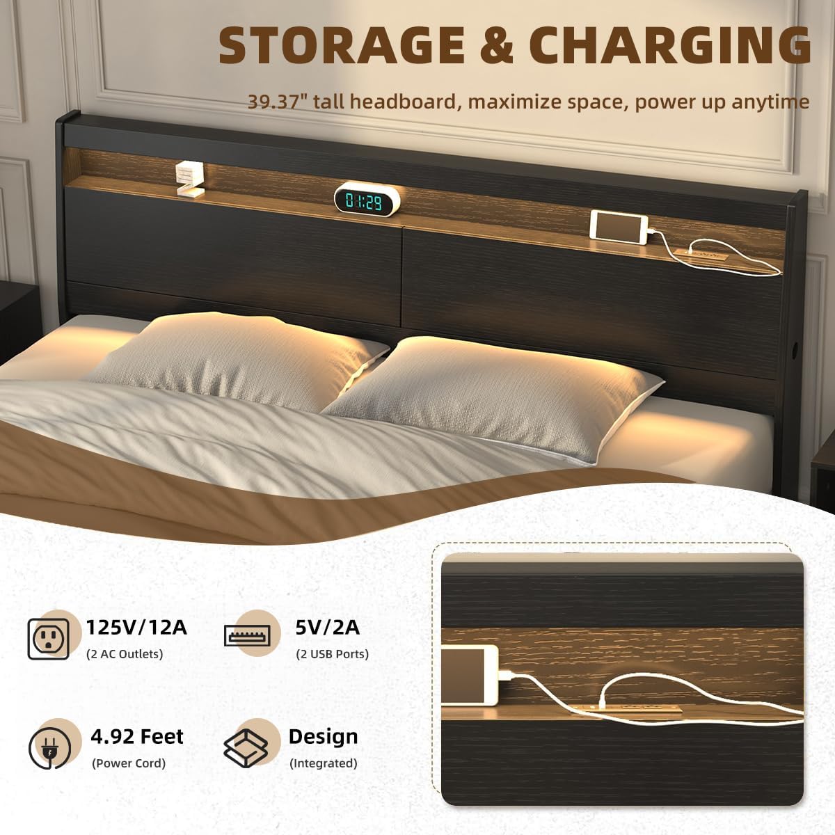 Wooden Headboard Only with Storage, Skirting Groove for Enhanced Stability, Built-in Power Outlet, 2 USB Ports & LED Light - Sturdy Stable Bed Backboard (Black, Queen (U.S. Standard)) | Solid Wood Leg, hidden storage, Chargestation