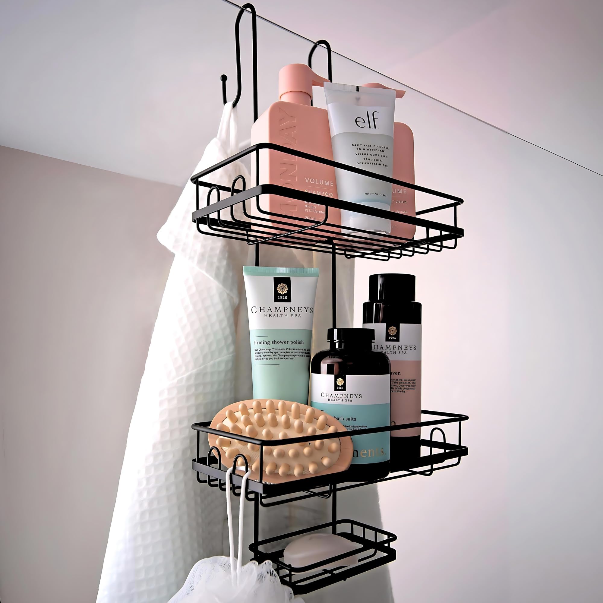 simplywire - Premium Shower Caddy - 3 Tier Hanging Bathroom Storage Shelves – Rust-Resistant Matte Black Shower Organizer – Over the Door or Screen Caddy with Integrated Hooks & Soap Dish