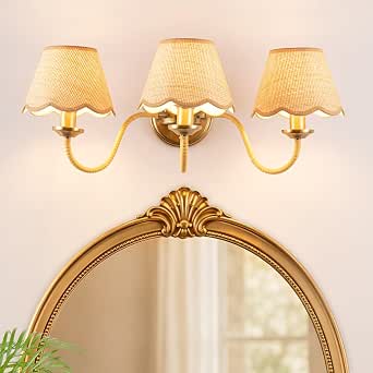 3-Light Boho Rattan Bathroom Vanity Light with Woven Shades, Vintage Gold Wall Fixture