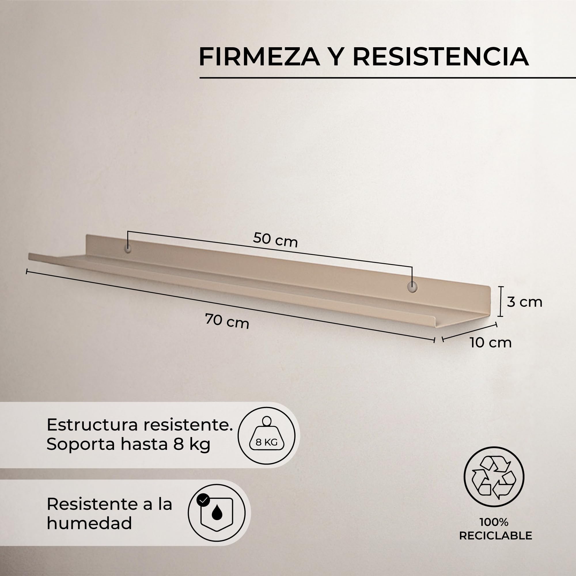MILUKA Estanteria Pared 70 x 10 cm - Set 2 Estantes Flotantes en Metal Beige Arena - Baldas Pared Estrechas para Cuadros, Fotos y Objetos - Repisas Modernas para Decoración Habitación y Salón