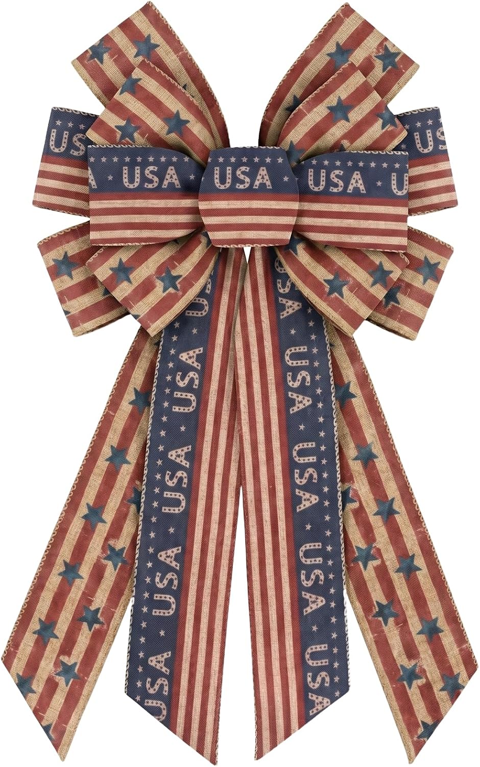 Large Patriotic Wreath Bows, 4th of July Bows for Wreath 250th Anniversary Burlap Star Bow for Front Door, Red Blue White Stripe Tree Topper Bow for Independence Day Indoor Outdoor Decor