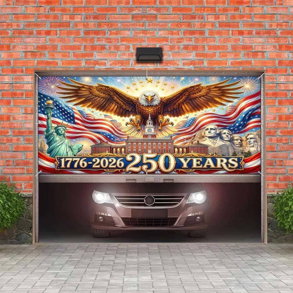 16X7ft 250 Years America Garage Door Cover, 250 Anniversary USA Flag America Patriotic Banner Flag Decor for Independence Day 4th of July 1776-2026 USA 250th Birthday Outdoor Home Yard Decorations