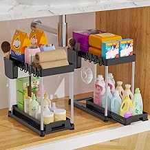 Set of 2 Under Sink Organizer, Kitchen Under Sink Organizer with 8 Hooks and 2 Hanging Cups, Under Sink Shelf for Laundry Room, Furniture, Bathroom (Black)