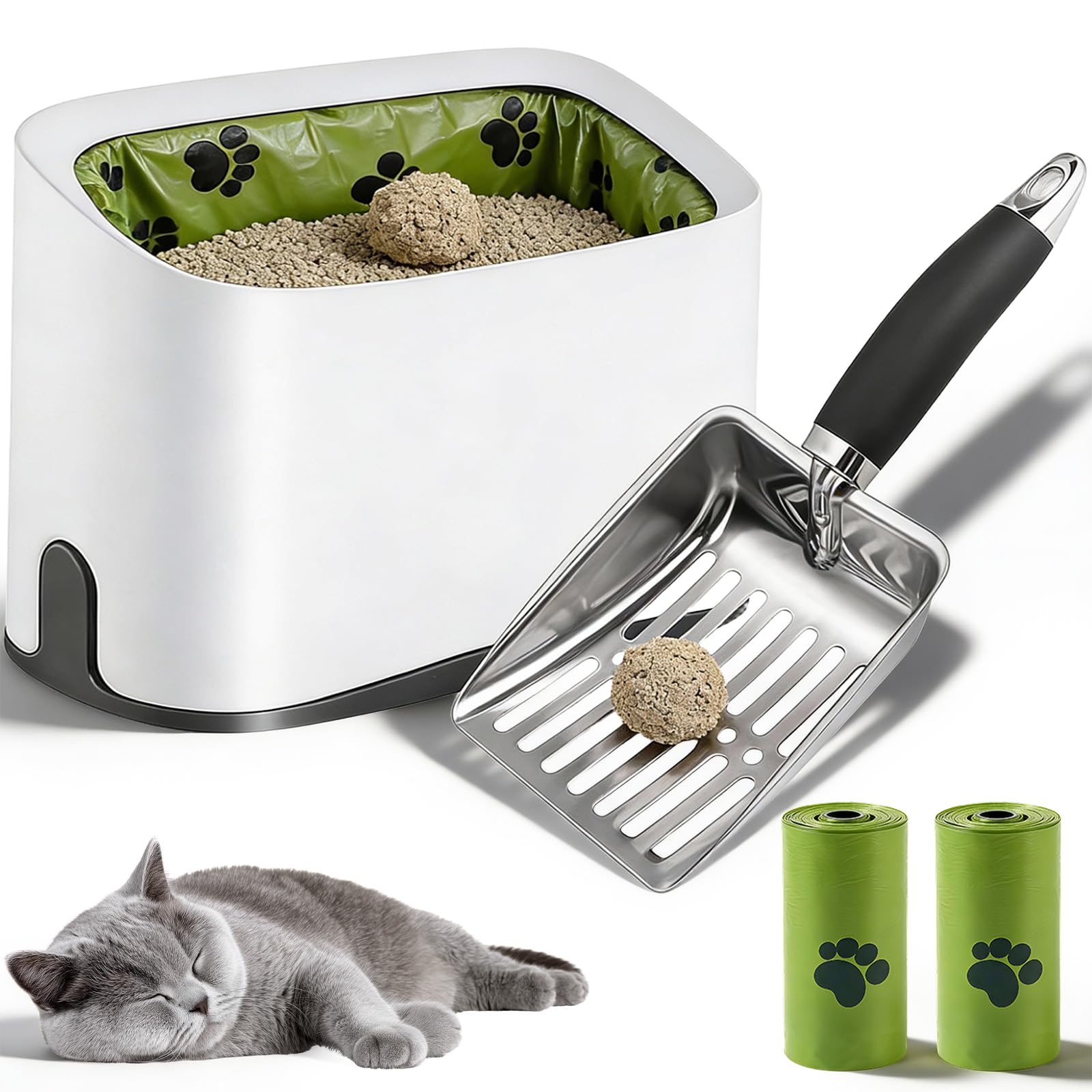 NBOUOU Cat Litter Scooper with Holder, Stainless Steel Cat Poop Scoop, and Bin, Trash Bag, Ever Clean Cats Litter Cleaning Supplies for Traveling Bedrooms and Living Rooms, Easy to Clean
