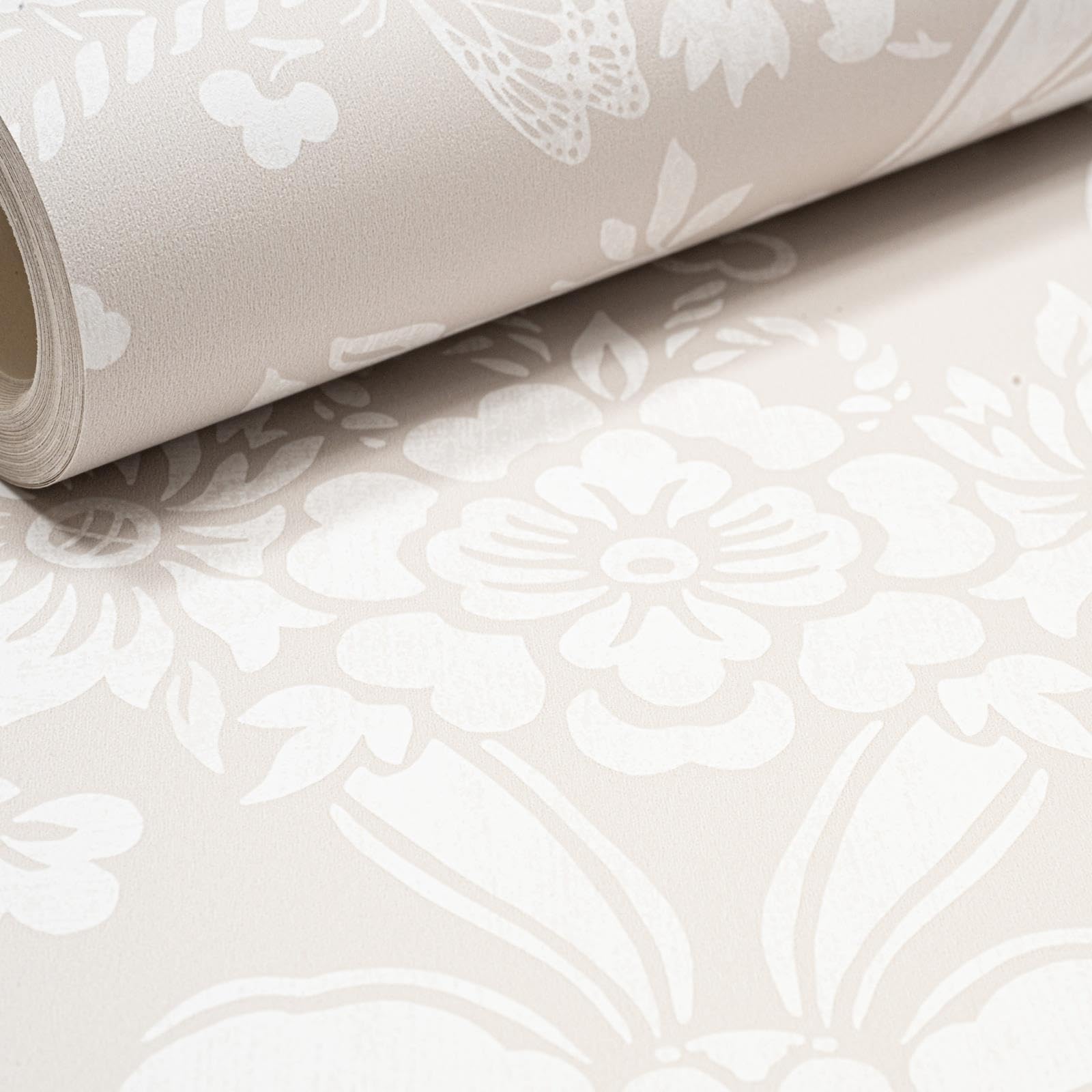 Sophie Laurence Taupe Floral Wallpaper Damask Butterfly Bows Feature Wall Bedroom Lounge Office