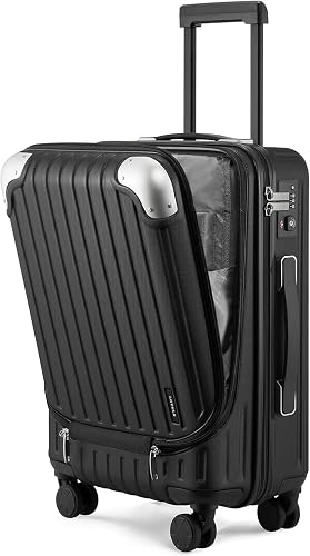 LEVEL8 Lightweight Carry-on Suitcase 20-Inch,Expandable 4 Wheel Hand Luggage, ABS+Poly-Carbonate Hardshell Spinner Trolley for Luggage with Double TSA-Approved Locks, Black, 37*24*55.5CM, Casual and