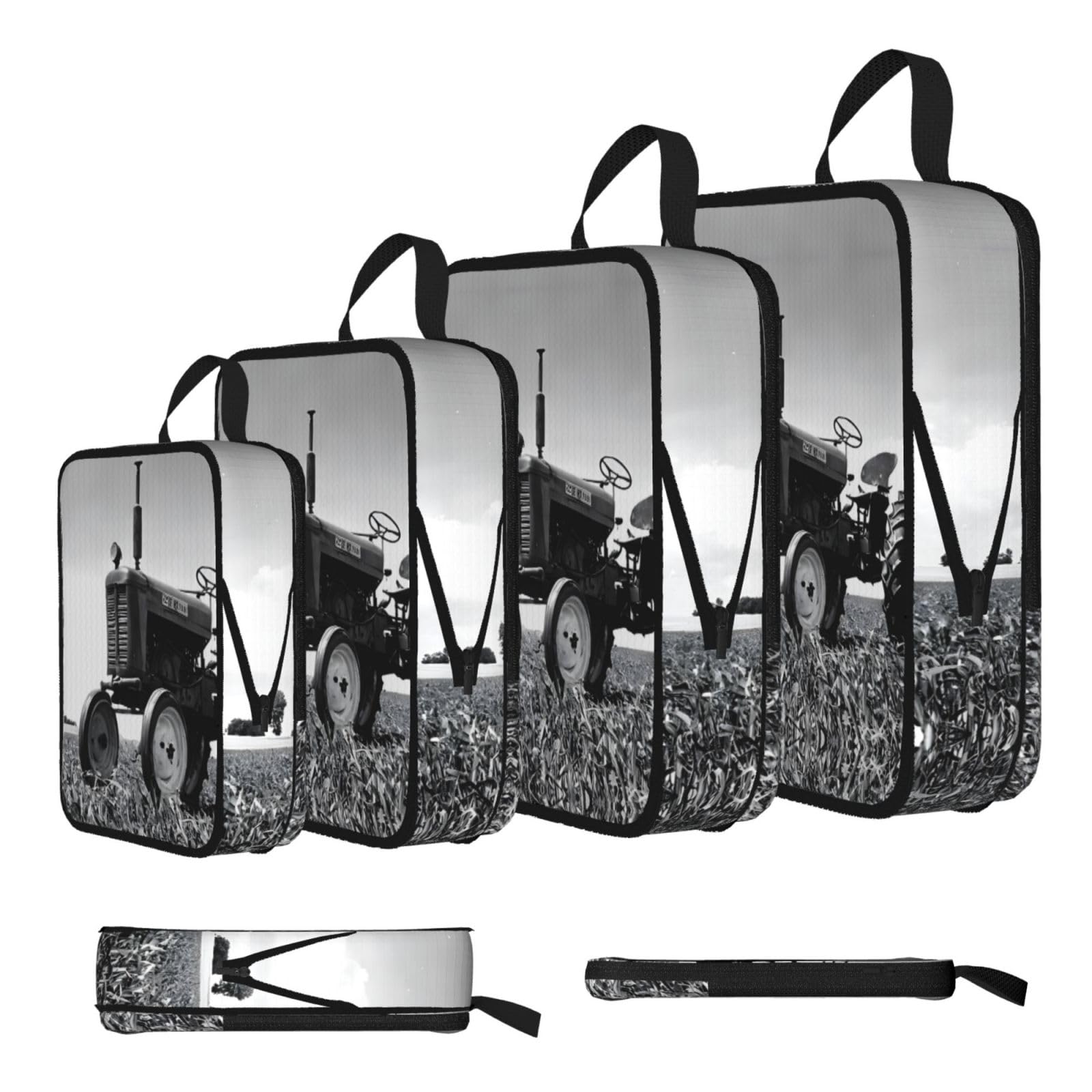 Ezdlowvba Black Tractor Agriculture Tranquil Print Compression Packing Cubes 4-Piece Set With Multi- Compartment Travel Bag, Waterproof Suitcase Organiser Bags