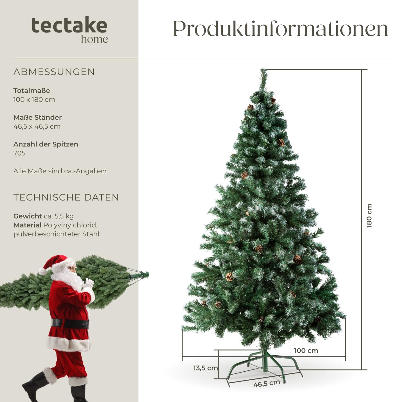 tectake Christbaum realistischer und naturgetreuer Weihnachtsbaum künstlich, Tannenbaum, Deko, Christmas Tree - Kunstbaum mit Ständer - 180 cm, 705 Spitzen und Zapfen grün