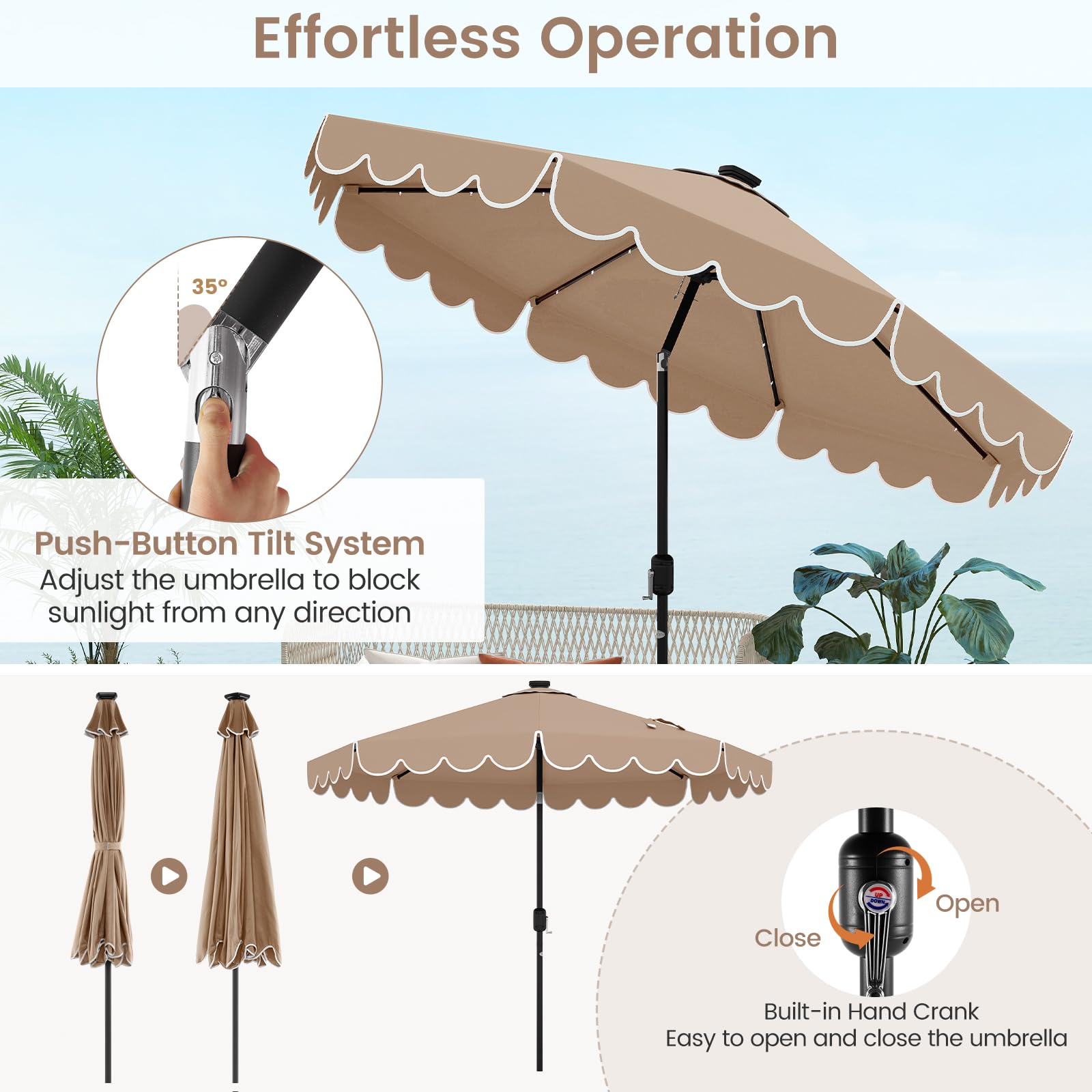 KOMFOTTEU 300 cm Parasol ogrodowy na zewnątrz, 35° odchylany parasol ogrodowy z korbą i 8 żebrami, parasol targowy na patio, balkon, bez podstawy