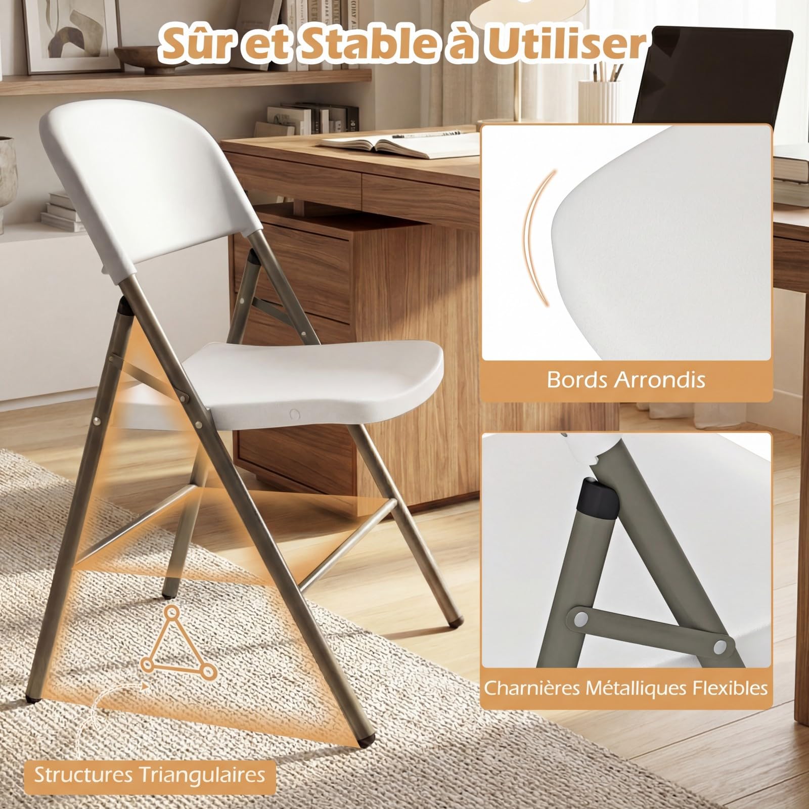 COSTWAY Chaises Pliantes Interieures en Plastique Lot de 6, Cadre Métal Robuste, Chaises Bureau Confortable pour Salle à Manger, Réception, Extérieur, Charge 150 KG (Blanc)