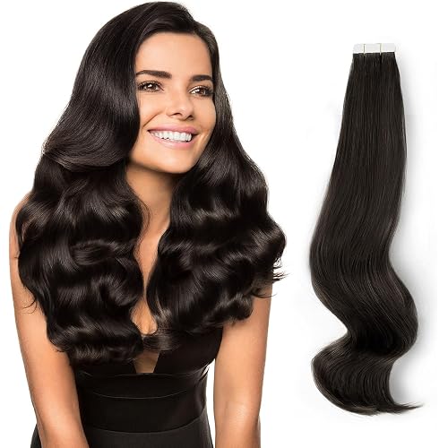 ABH AMAZINGBEAUTY HAIR Tape in Hair Extensions Human Hair Tape Attached Real Remy Tape in Extensions 50g 20pcs Invisible Seamless Reusable Skin Weft Off Black Color 1B 20 Inch