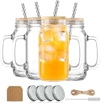 24 oz Mason Jar Cups avec poignées, large bouche grande tasse de café glacé avec des Lids de bambou & Paille, Tasses en verre Pots à boire Tumbler pour smoothie de jus d'eau froide party Boissons, Ensemble de 4