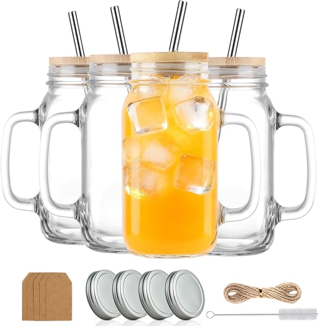 24 oz Mason Jar Cups avec poignées, large bouche grande tasse de café glacé avec des Lids de bambou & Paille, Tasses en verre Pots à boire Tumbler pour smoothie de jus d'eau froide party Boissons, Ensemble de 4
