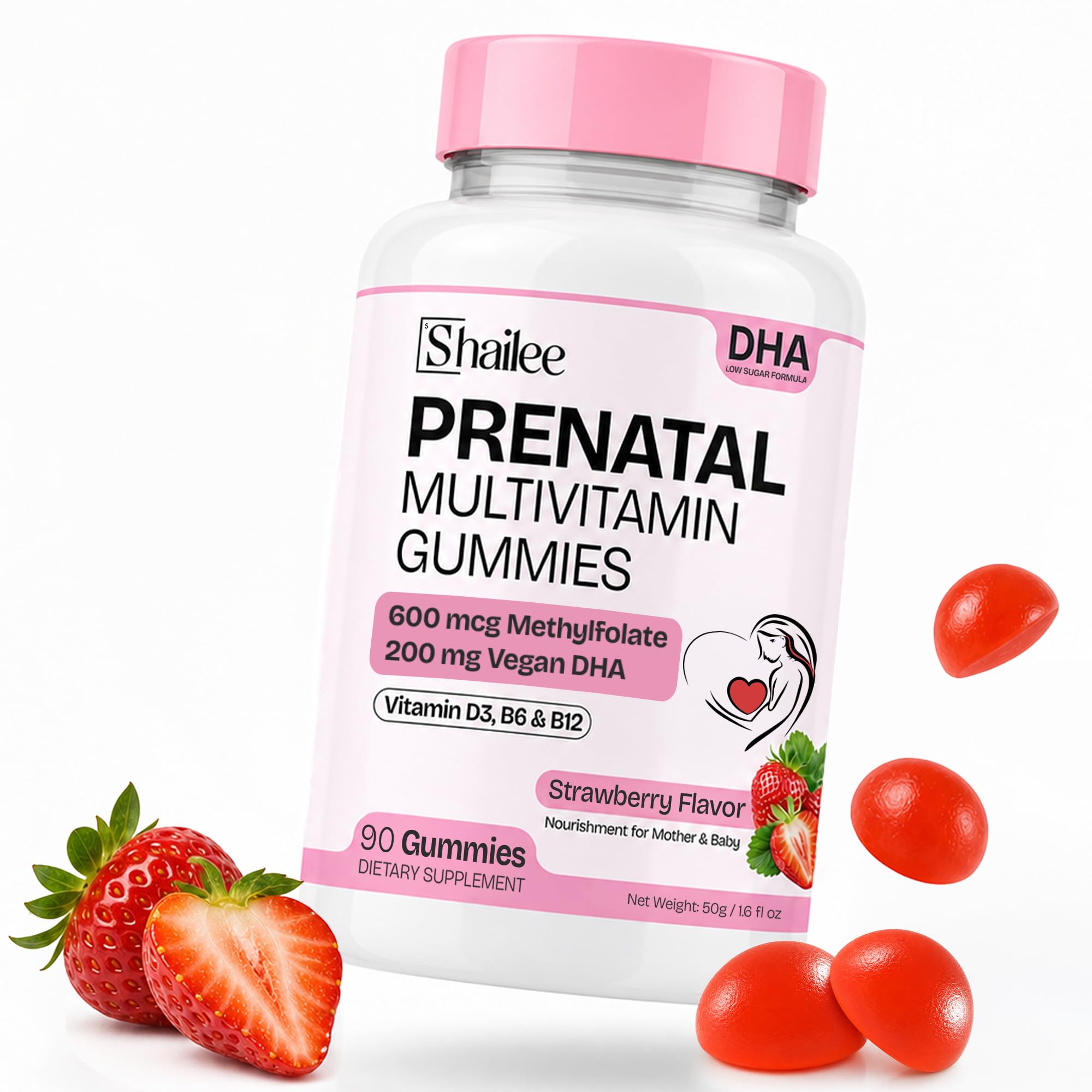Prenatal Vitamins for Women Gummies with DHA, Methylfolate & Iron | Strawberry Flavor Prenatal Vitamins Supports Daily Nutrition During Pregnancy | Low Sugar, 90 Count