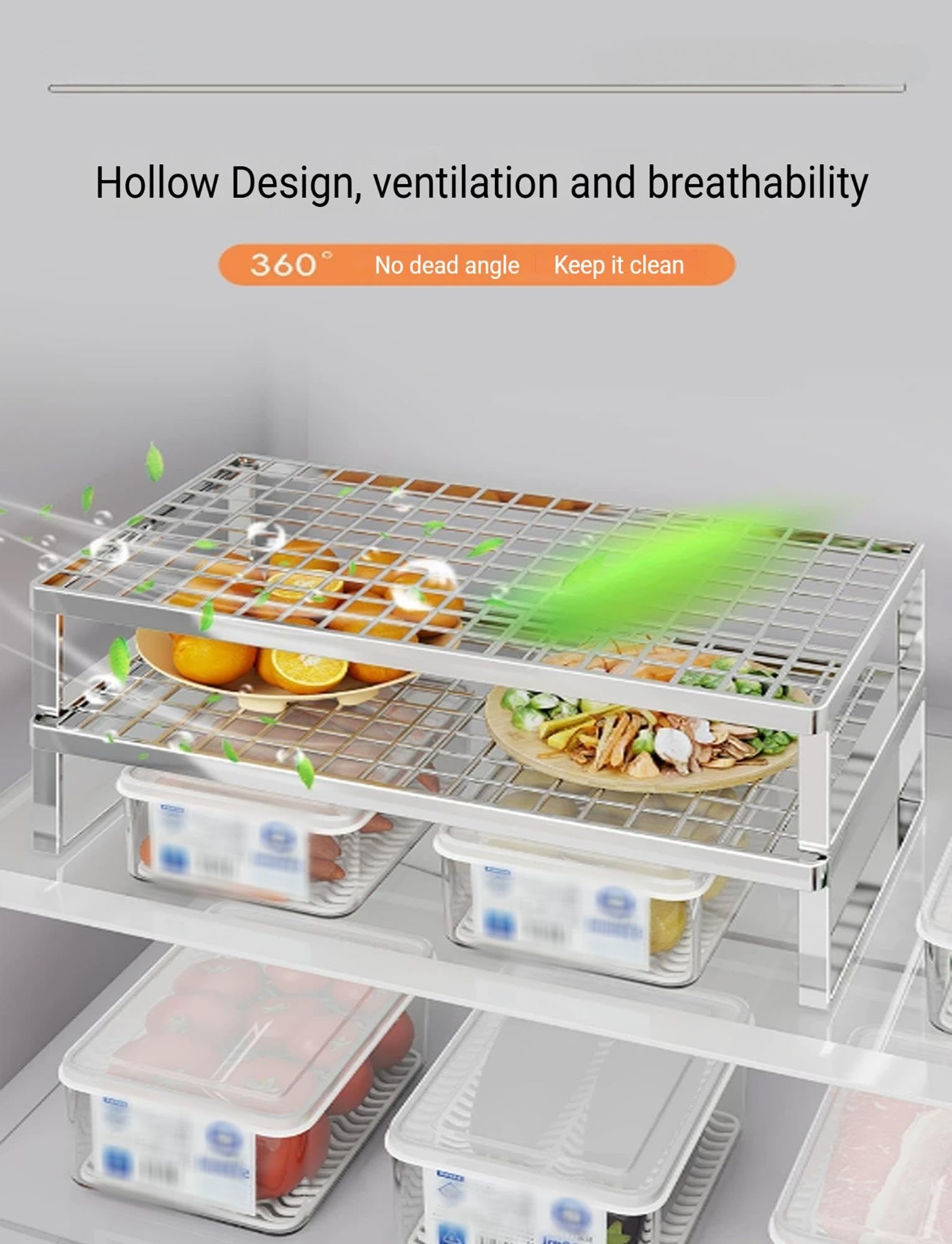 Organizador apilable del estante del refrigerador,del almacenamiento | Rejilla de metal sólido con diseño de ventilación hueca que mantiene los artículos(Silver,34x27x15cm/13.4x10.6x6in)