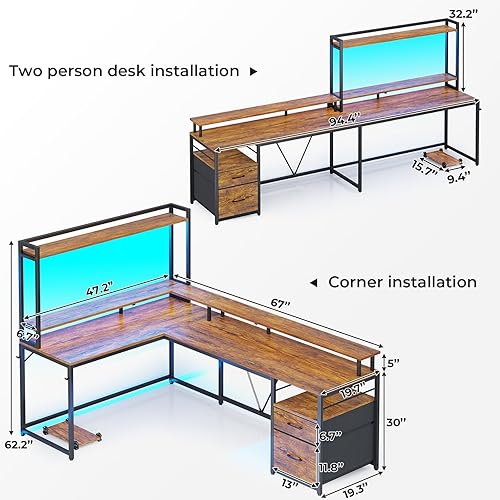 Miniatura 3 de SEDETA Escritorio en forma de L, escritorio de computadora de 94.4 pulgadas con cajón de archivos y estante para monitor para oficina en casa,