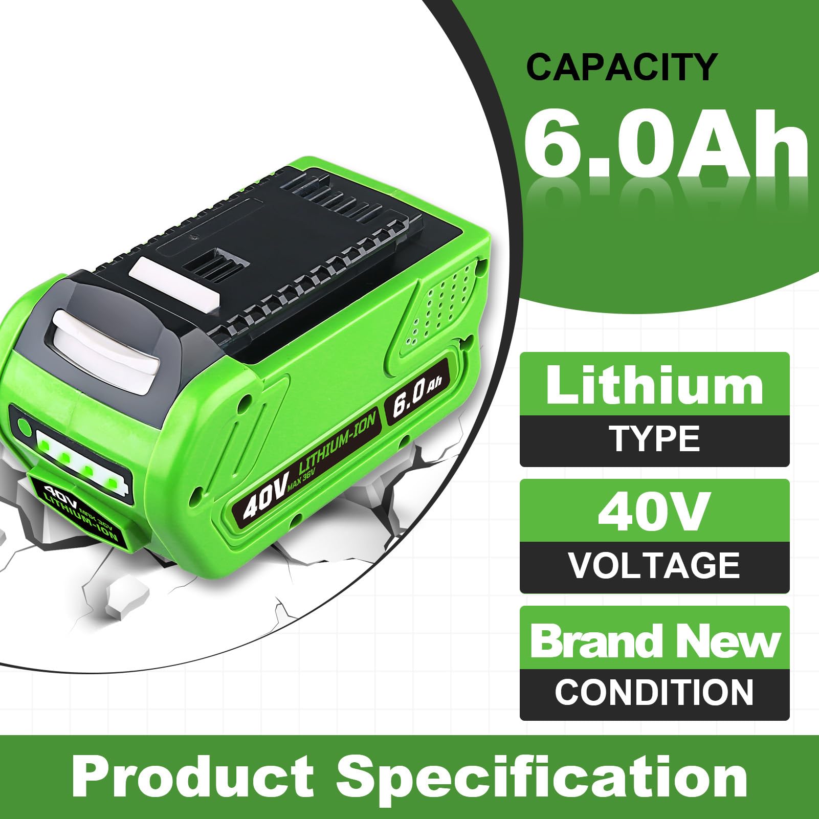 PDstation 6.0Ah 40V 29462 Battery Replacement for GreenWorks 40V Battery Compatible with GreenWork 40Volt G-MAX Lithium Power Tools 29472 29252 20202 22262 25312 25322 20642 22272 27062