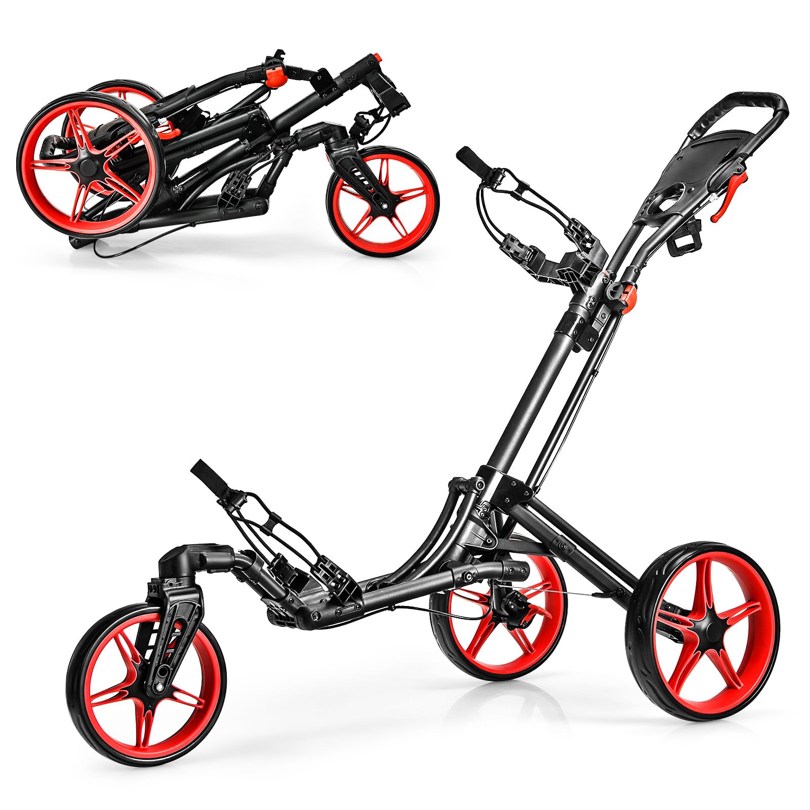 ULTIMATE Golf Push Cart, Foldable Golf Trolley w/360° Swivel Front Wheel, Drink Holder, Scoreboard, Lightweight Walking Golf Cart with Brake Wheels & Adjustable Handle (Red)