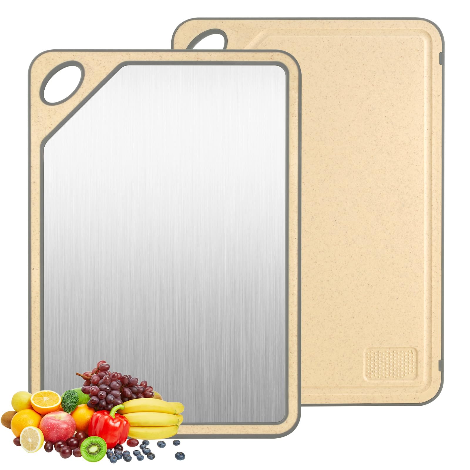 Tabla de cortar de acero inoxidable de doble cara con canaleta para jugos y base antideslizante