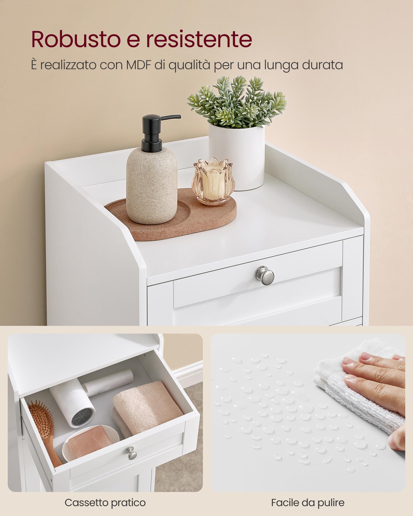 VASAGLE Mobile Portabiancheria per Bagno, Mobiletto Bagno con 1 Cassetto e 1 Cesto Portabiancheria, Sacco Interno Rimovibile con Maniglie, 40 x 40 x 80,2 cm, Bianco Nuvola BBC741W01