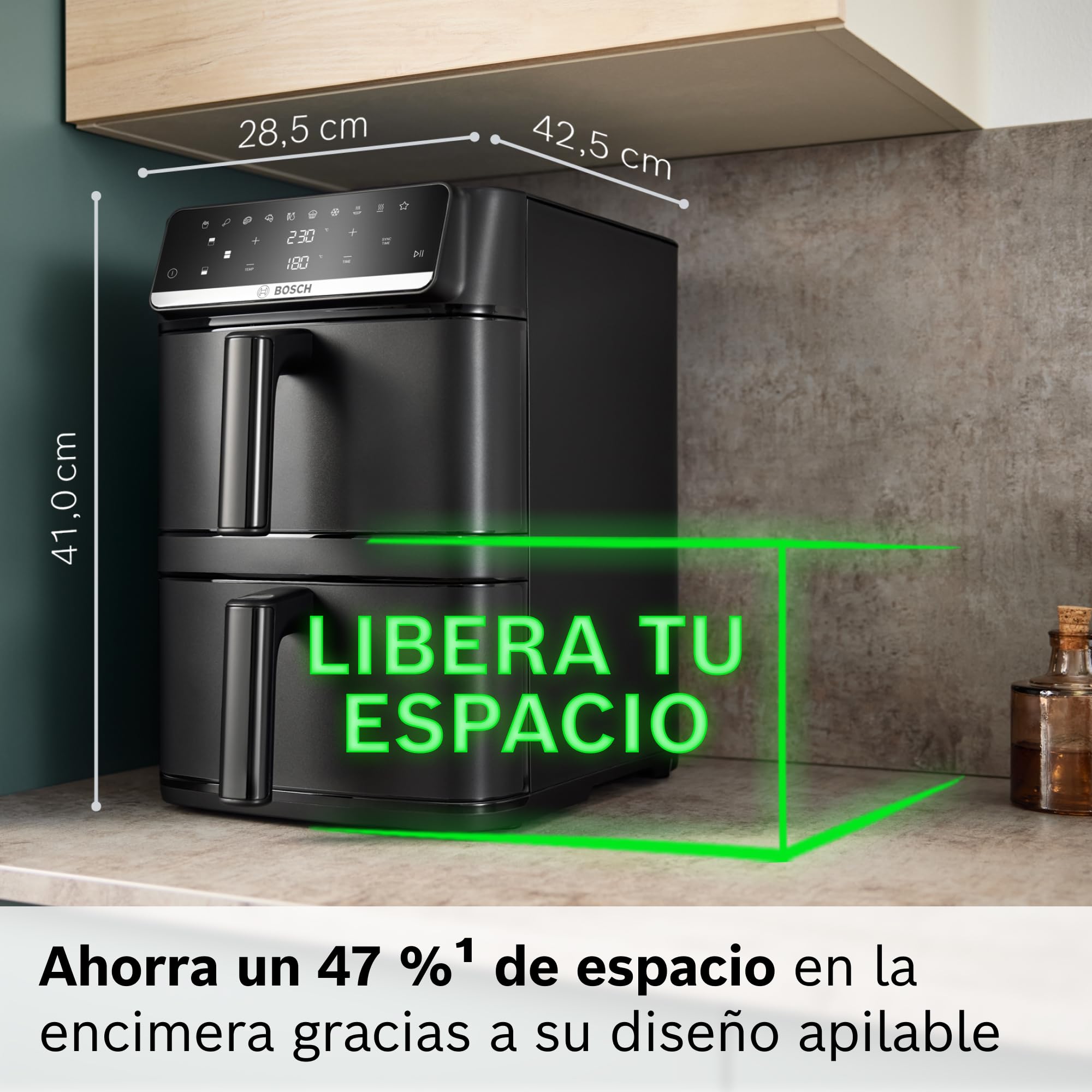 Bosch Freidora de aire Serie 6, XXL doble cesta 12 L, 2 cestas de 6 L con función SYNC, 6 programas, recubrimiento no tóxico, interior de metal, negro, MAFD661B0