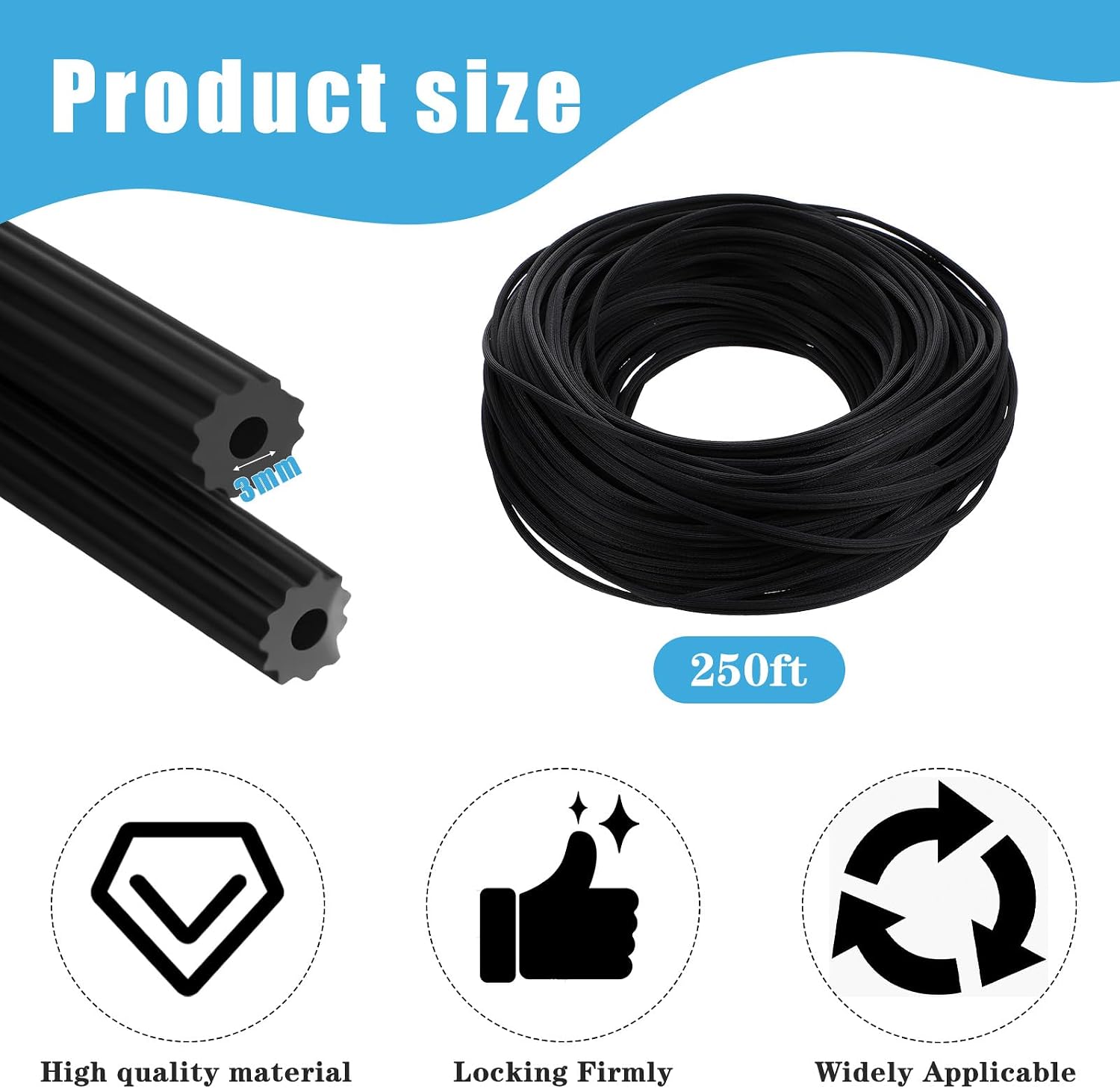 250ft Black Window Screen Spline 0.125 Inch Screen Door Retainer Spline Hollow Serrated Rubber Cord Repair Spline for Repairing & Installing Window and Door Screens