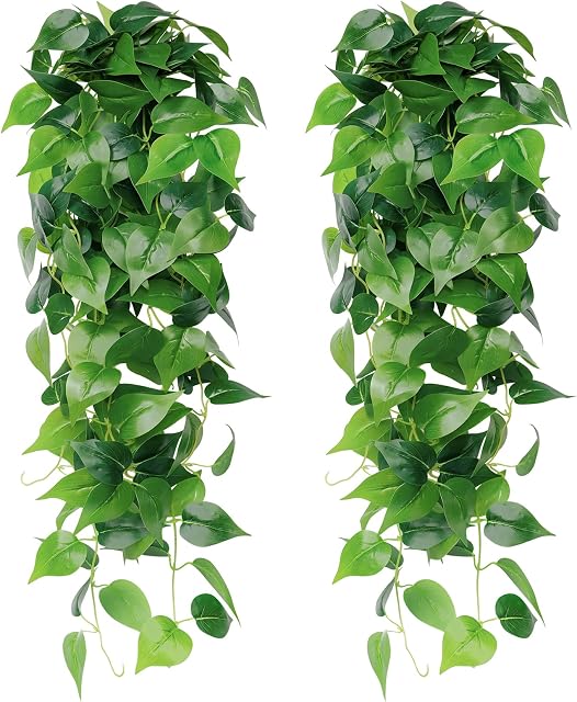 2Pcs Plantes de suspension artificielles 3.6ft Faux Ivy Vines Scindapsus feuilles Vin Greenery Plantes suspendues pour la maison Jardin Fête de mariage Décorations murales en plein air (Scindrapsus Feuilles)