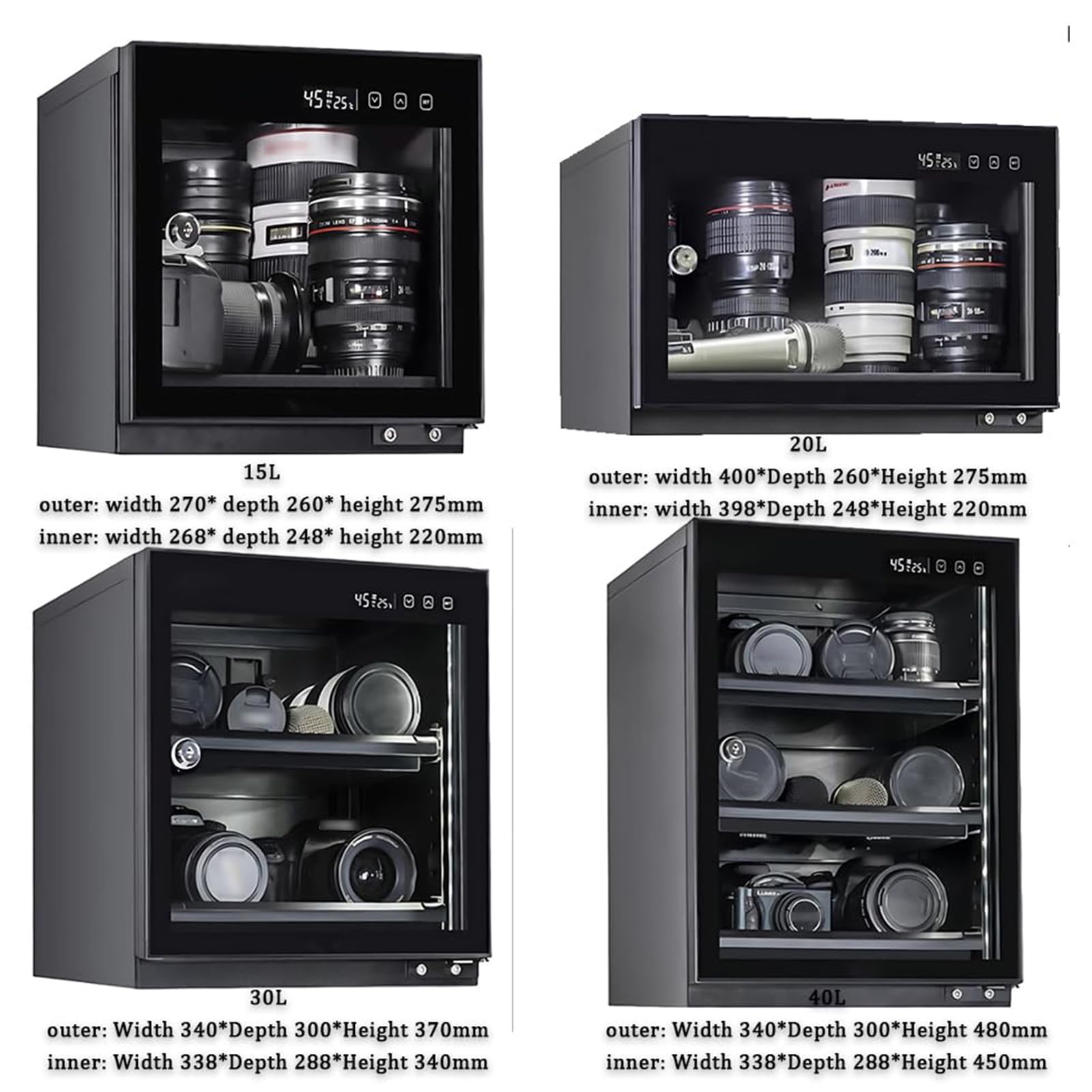 Armario Seco Para Cámara, Caja Seca Electrónica 15L/20L/30L/40L Con Control De Humedad Y Luz LED, Almacenamiento Deshumidificador Silencioso Para Lentes Cámaras Y Equipo Fotográfico 15L