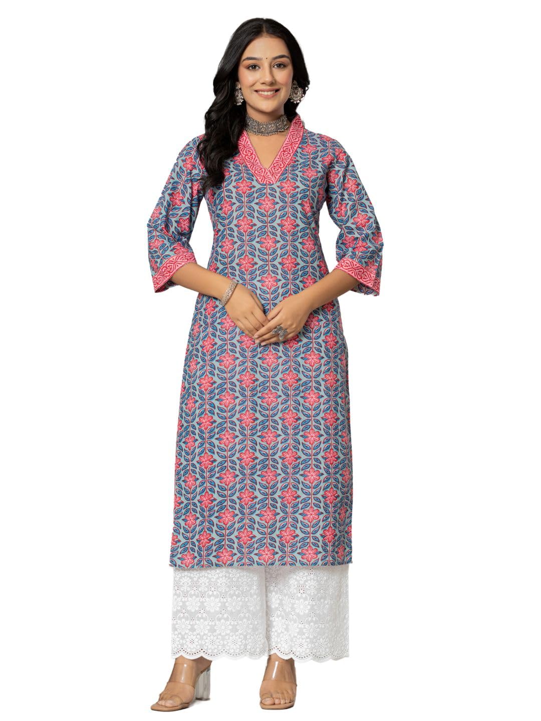 Rytras Women's Cotton Printed Straight Kurta(Ryt550,Blue,S)