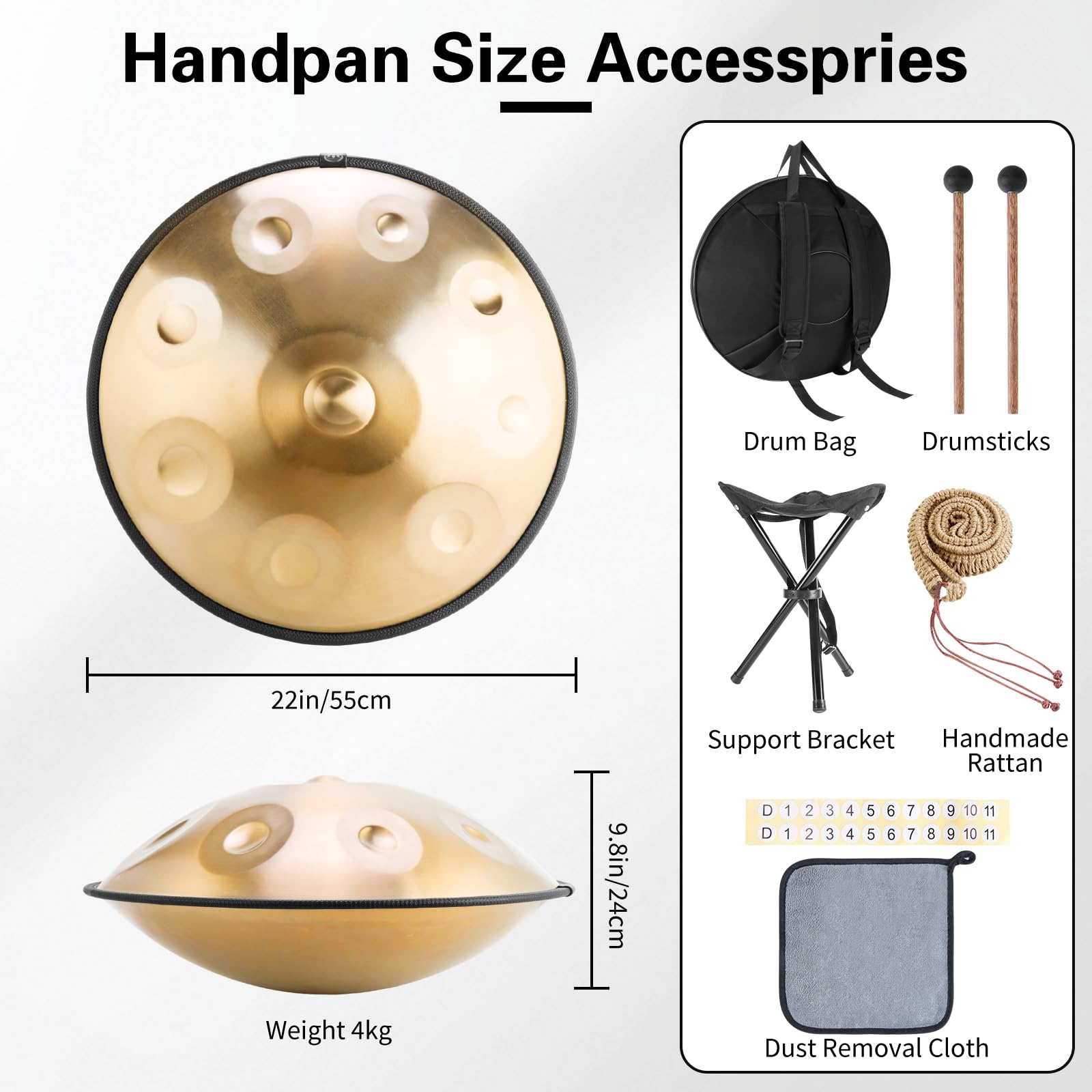 Handpan Instrument 432 Hz, 9 toni, 22 pollici, Handpan in d-Moll, tamburo per lingua con custodia, bacchetta, supporto, per principianti, professionisti, musicoterapia (oro, 9 toni 432 Hz)