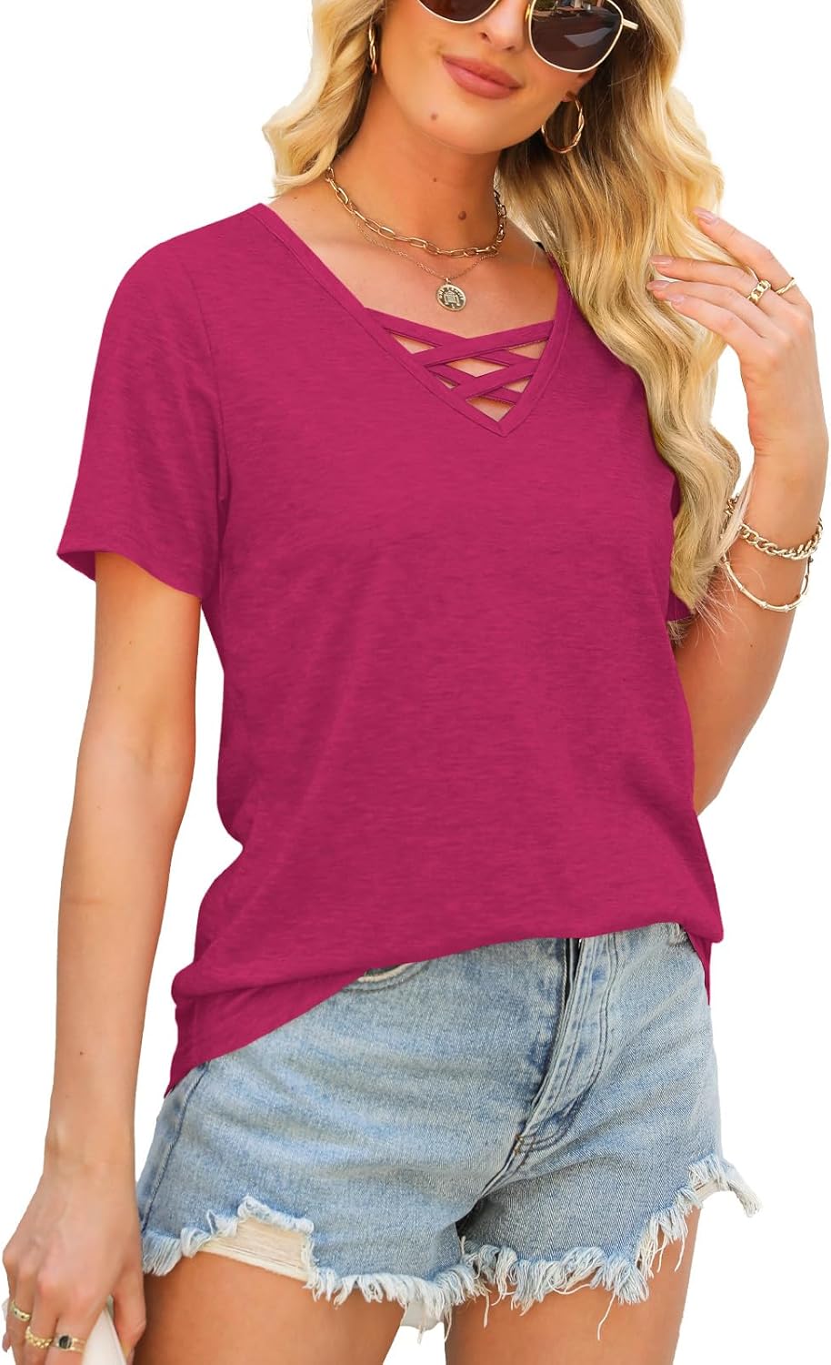Womens Tops Short Sleeve V Neck Shirts Loose Casual Blouses Summer Tees Criss Cross - Image 2