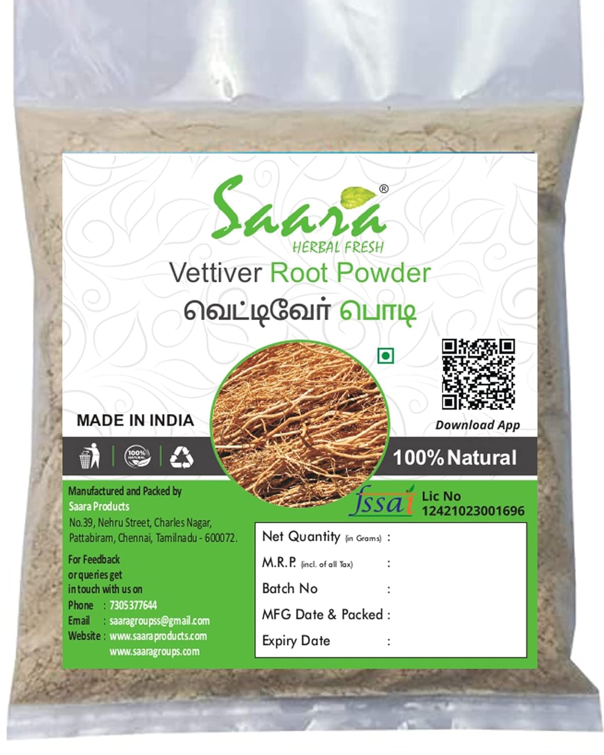 Saara HERBAL FRESH Vetiver Root Powder, 300g, Khus Root Powder, Vala