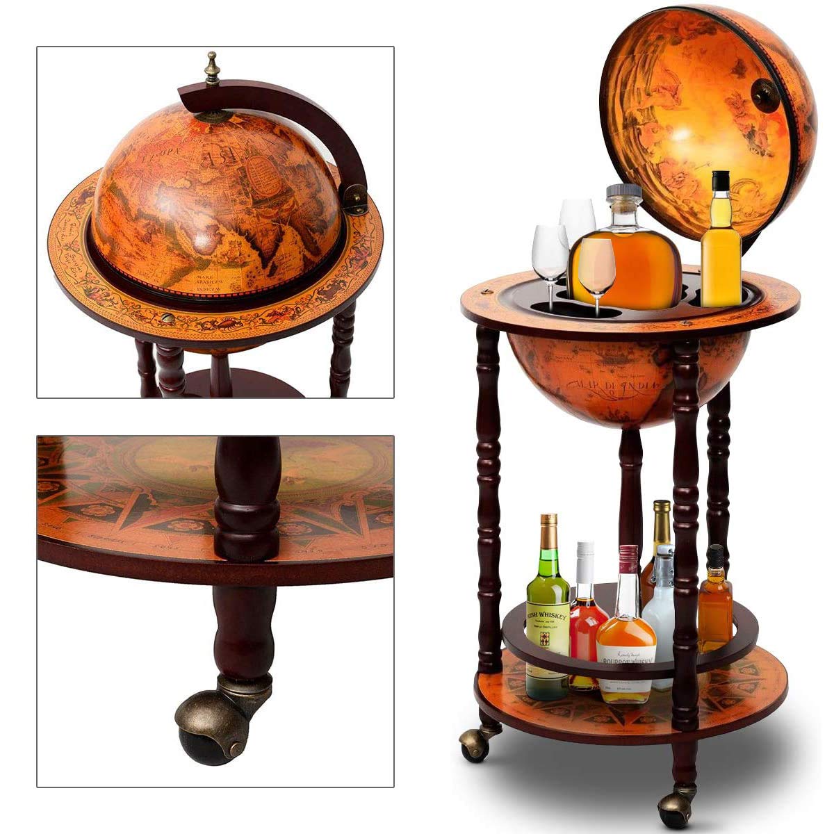RELAX4LIFE Globusbar mit Rollen, Minibar Massivholz, Weinregal Flaschenregal mit Bodenplatte, Barwagen Weltkugel, Hausbar, Globus Bar, Weinschrank, Tisch Bar, Cocktailbar (Braun, Ø45 x 88 cm)