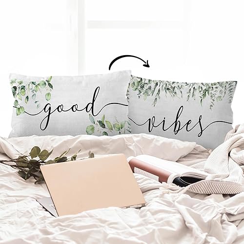 Miniatura 4 de HIWX Good Vibes Only, Good Vibes Sign - Funda de almohada decorativa inspiradora con hojas de eucalipto, funda de almohada reversible motivacional