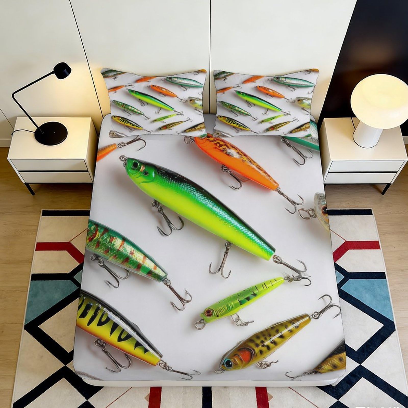 3D Printed Fishing Lure Fitted Sheet Microfiber Adult Youth Bed Cover Colorful Fish Bedroom Decor Machine Washable 90x200x25cm