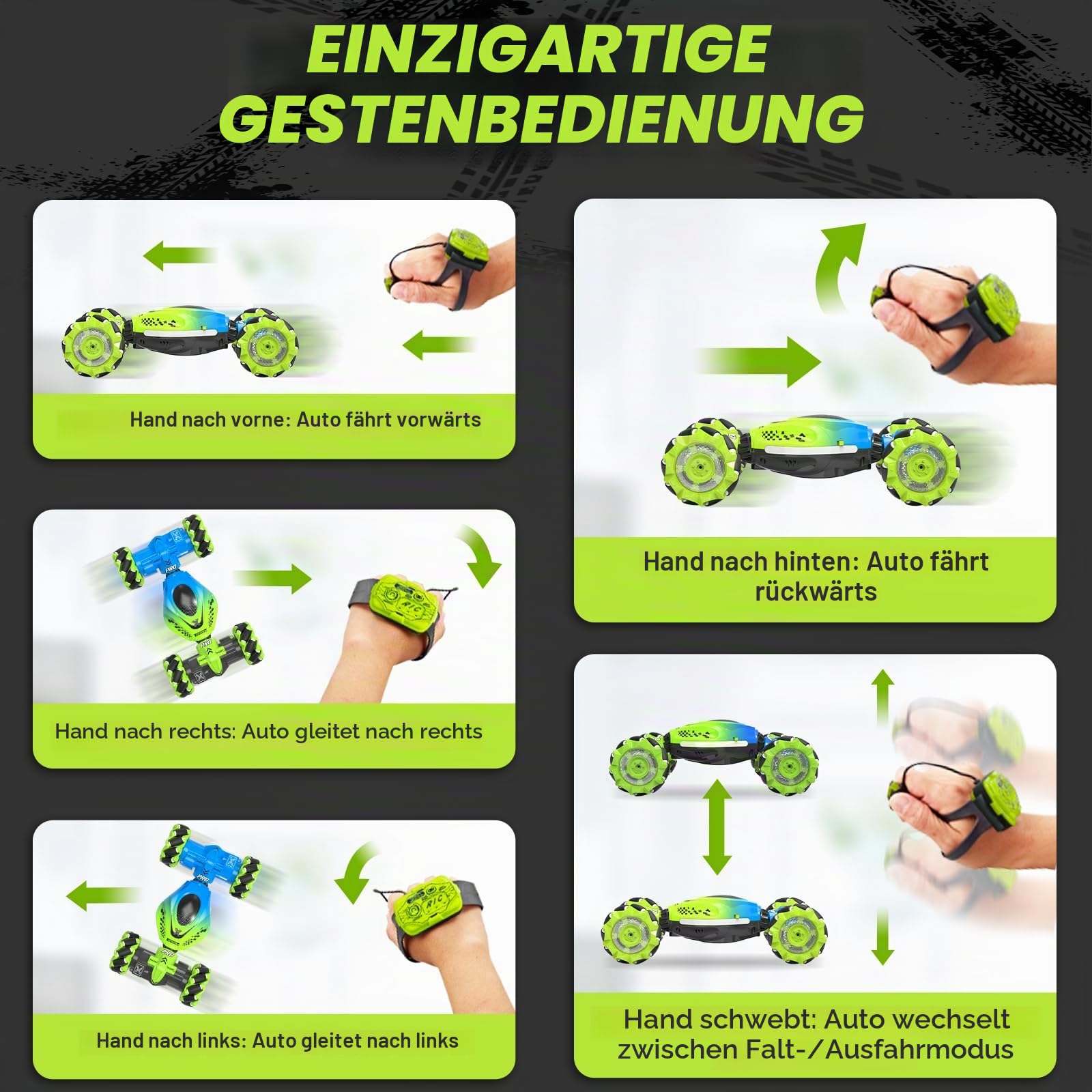 Dysaim Ferngesteuertes Auto RC Stunt Car Ferngesteuerte Auto mit Handsteuerung 2,4 GHz 4WD 360° Drehung Crawler Offroad 2 Akku Weihnachten Geschenk Spielzeug für Junge Mädchen ab 6 7 8 9 10 12 Jahre