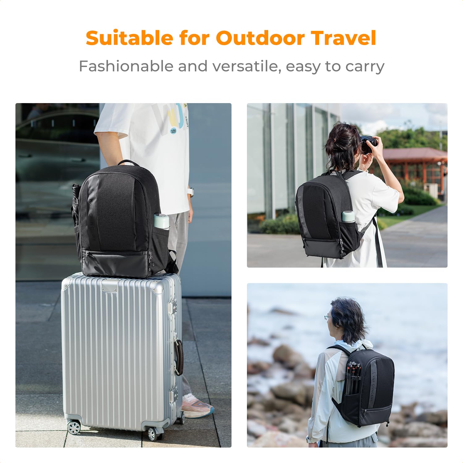 K&F CONCEPT Mochila para Cámara, Mochila Fotográfica Profesional Impermeable Mochila para Cámara Reflex, Bolsa para Cámara con Compartimento de Gran Capacidad para Portátil 15.6 Pulgadas-Negro