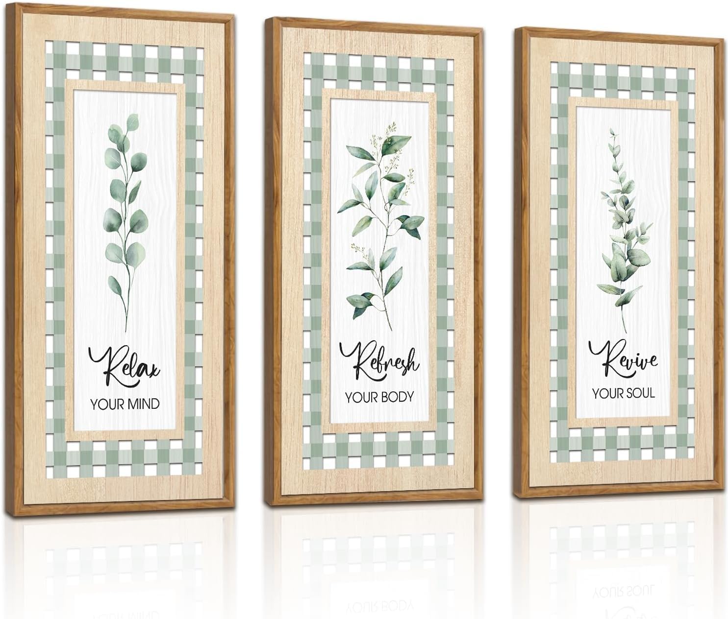 HPNIUB Bathroom Sage Green Wall Art Set of 3 Eucalyptus Leaf Wall Decor Relax Refresh Review Bathroom Signs Light Green Botanical Plant Artwork Framed for Living Room Restroom Office 8x16Inch — image 1