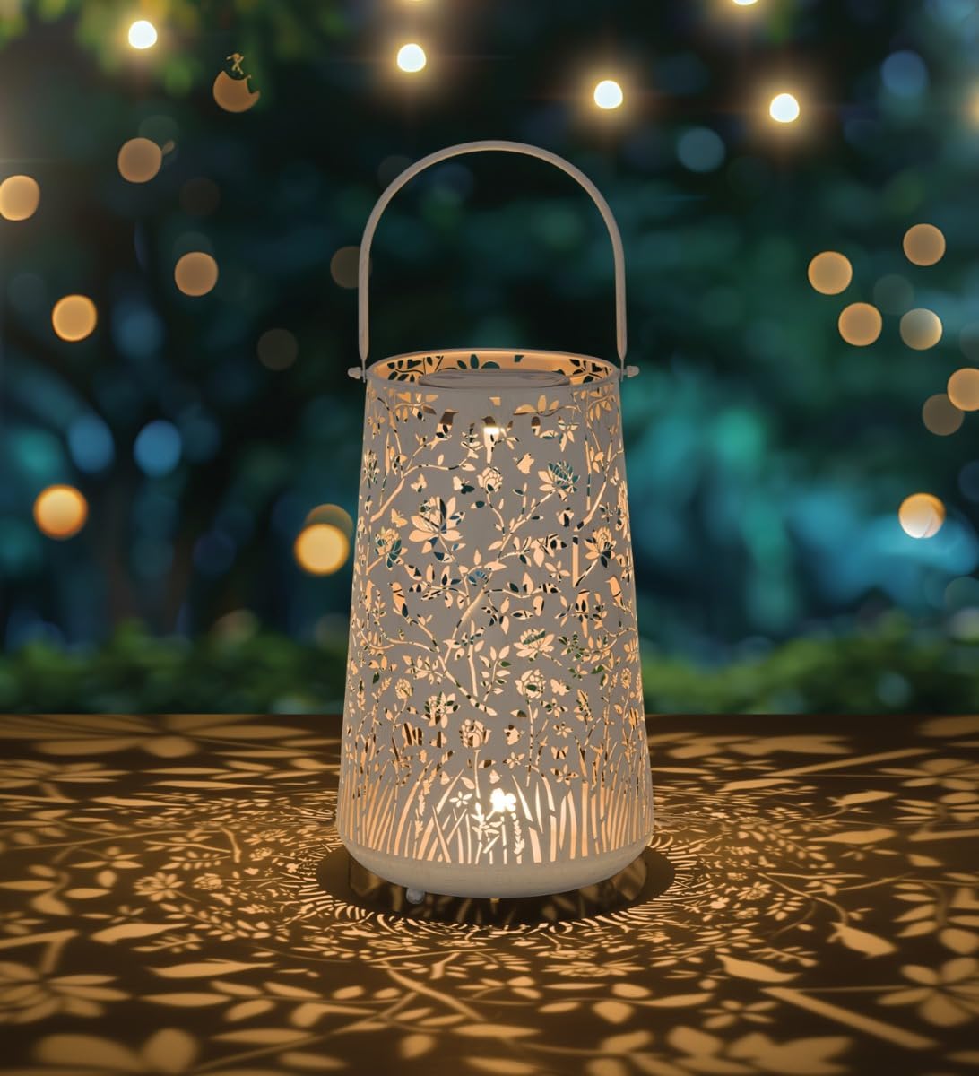 Regal Art & Gift Pastel Shadow Solar Lantern - Outdoor Metal Garden Décor, Waterproof Hanging Metal Solar Lights for Yard, Patio, Backyard, Pathway, Garden - White