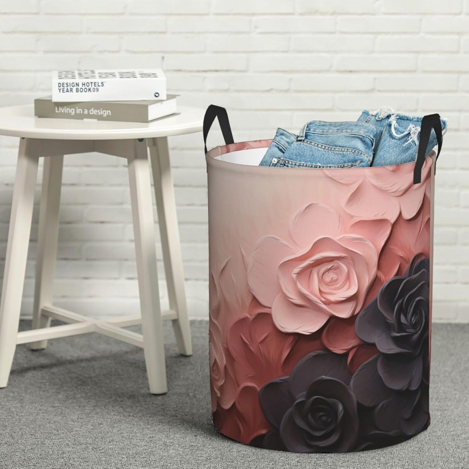 Rose Color Blush and Black Laundry Basket With Handles, Foldable Laundry Hamper Oxford Cloth Dirty Clothes Basket Waterproof Clothes Toys Storage Bin Organizer for Bedroom Bathroom Dorm