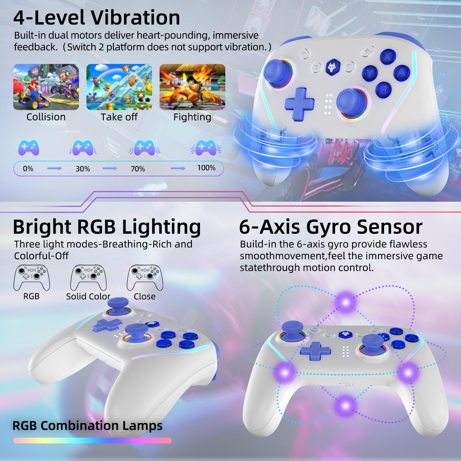 NBCP W2 Wireless Controller and Charging Dock Bundle for Nintendo Switch 2,5-in-1 Magnetic Fast Charger Station with 18 Game Card Storage,RGB Light,Customizable Turbo & Macro Gaming Remote — view 7