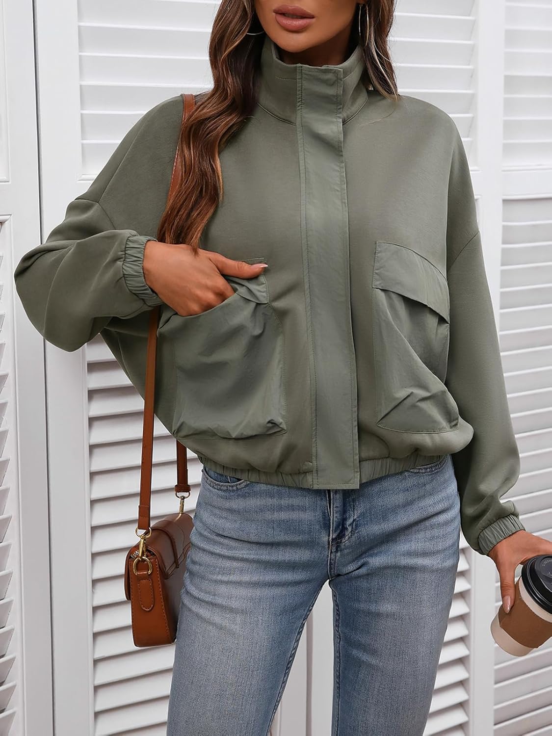 FLYCURVY Women's Cropped Oversized Safari Jackets Zip Up Stand Collar Neck Long Sleeve Utility Anorak jacket with Pocket - Image 4