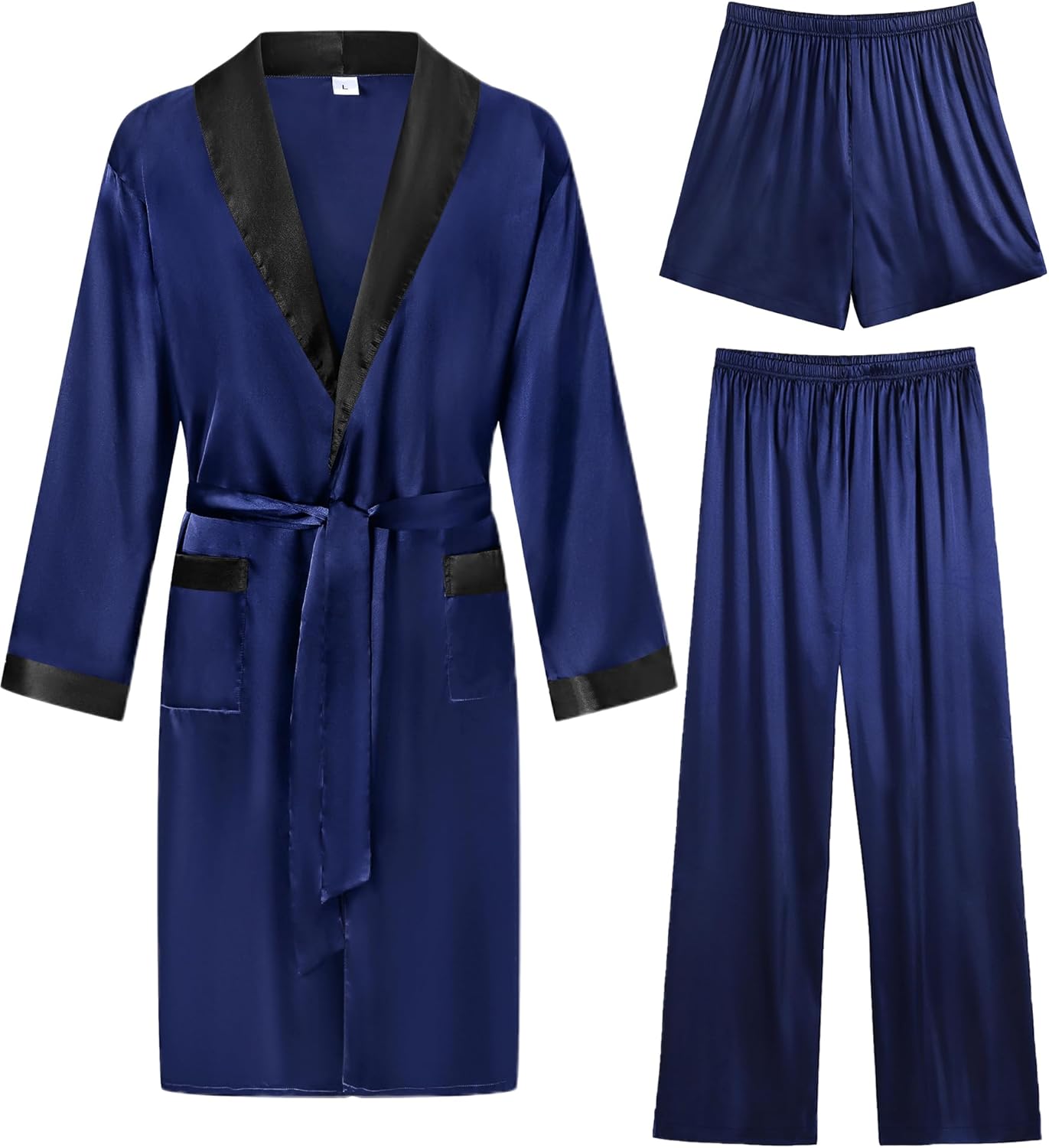 SWOMOG Men's 3 Pcs Robe Silk Satin Kimono Bathrobe with Shorts&Pants Set Lightweight Soft Sleepwear