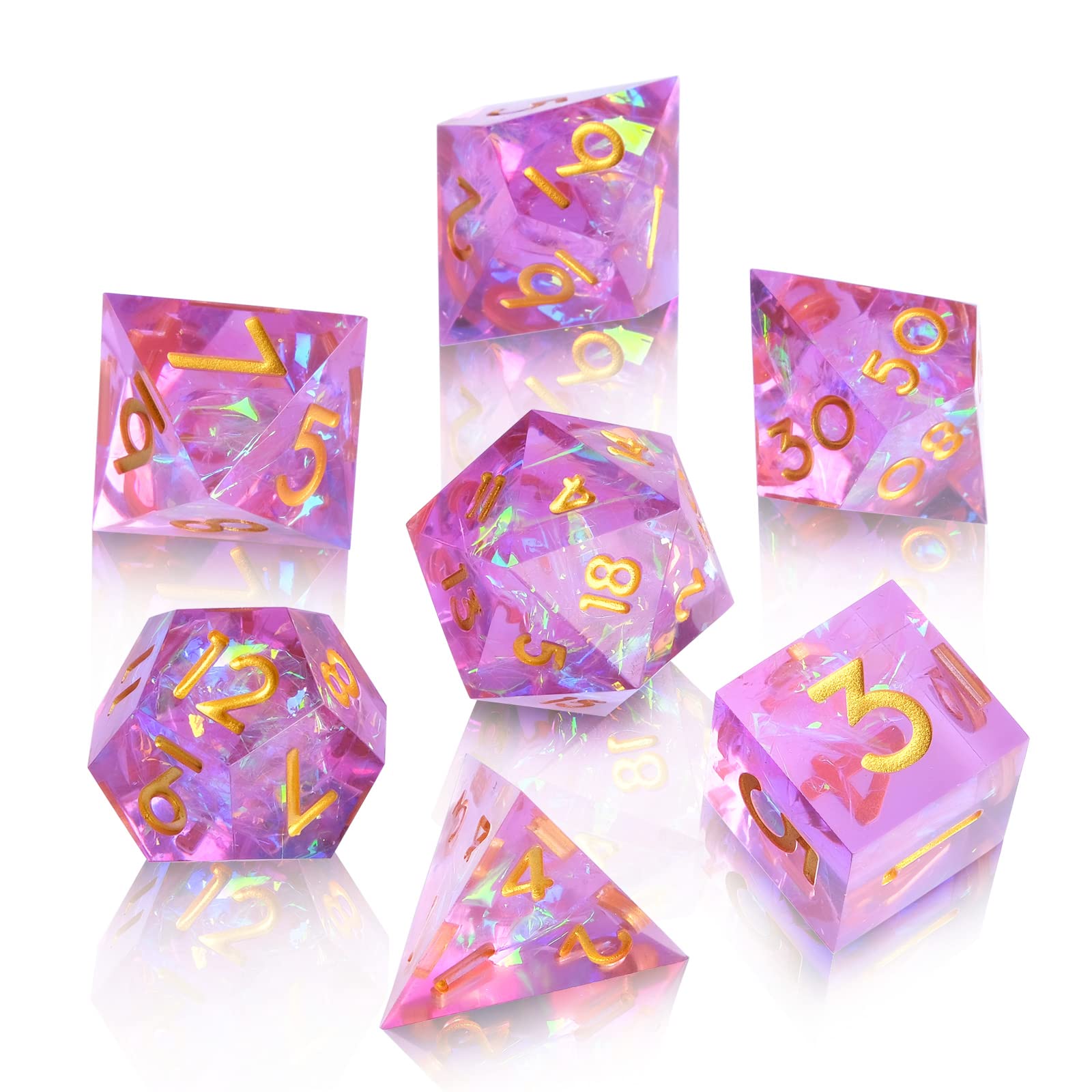 Dadi DND a bordo affilato fatti a mano per giochi di ruolo Dungeon e draghi, dadi DND multifacce in resina poliedrica giochi di ruolo Shadowrun Pathfinder MTG (rosa viola)