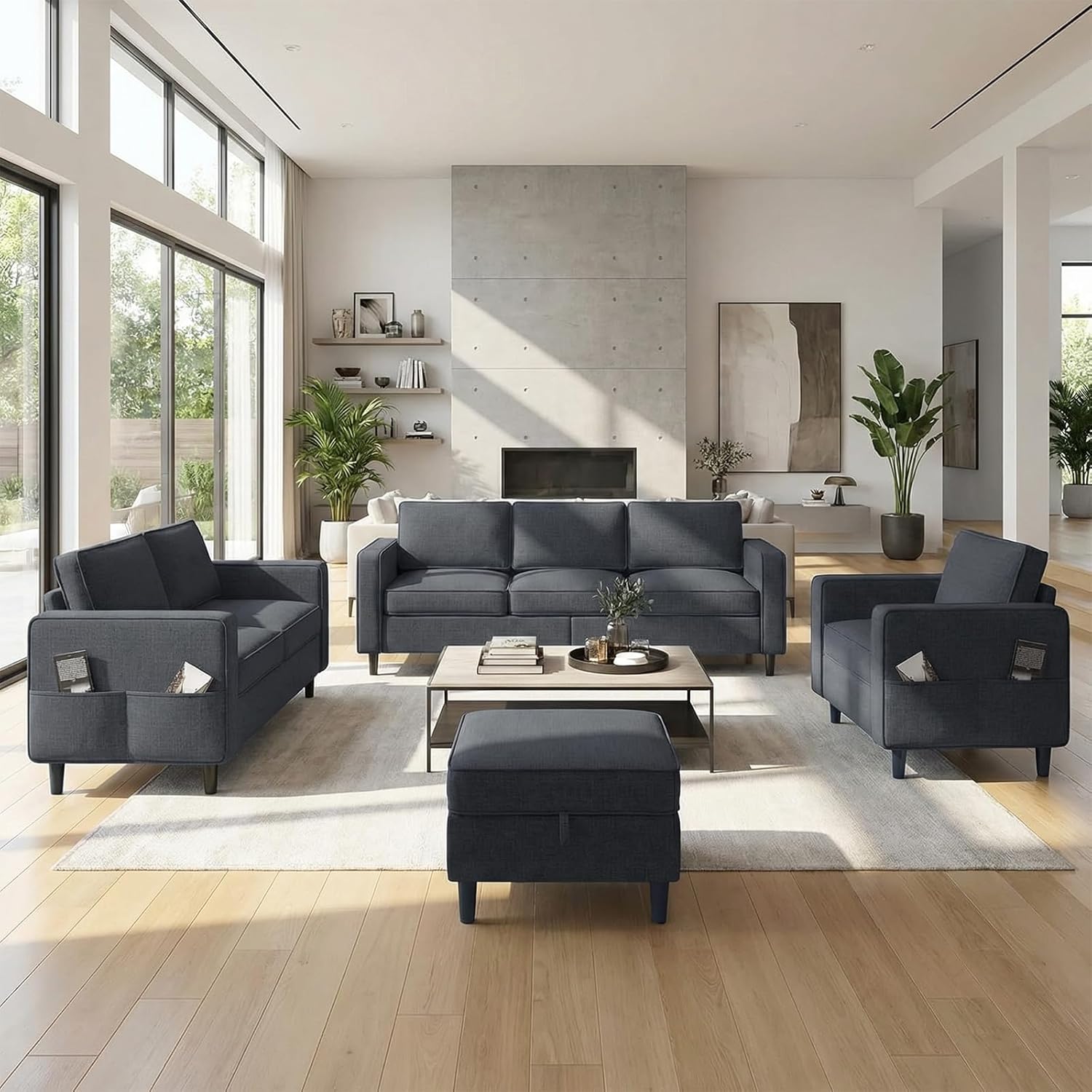 ijuicy Modern 6 Seat Sectional Sofa Set with Movable Storage Ottoman/Side Pockets, 3Pcs Couch Set for Living Room Furniture,3 Seat Living Room Couch & Loveseat & Armchair(3+2+1,Dark Grey)
