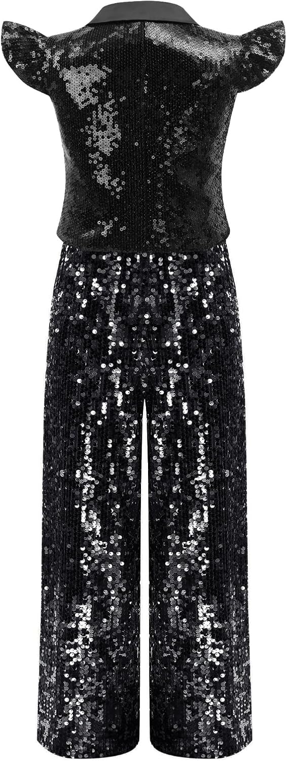 Girls Sequin Crop Jacket and Wide Leg Pants Kids Sparkly Glitter Concert Party Disco Dance Outfit