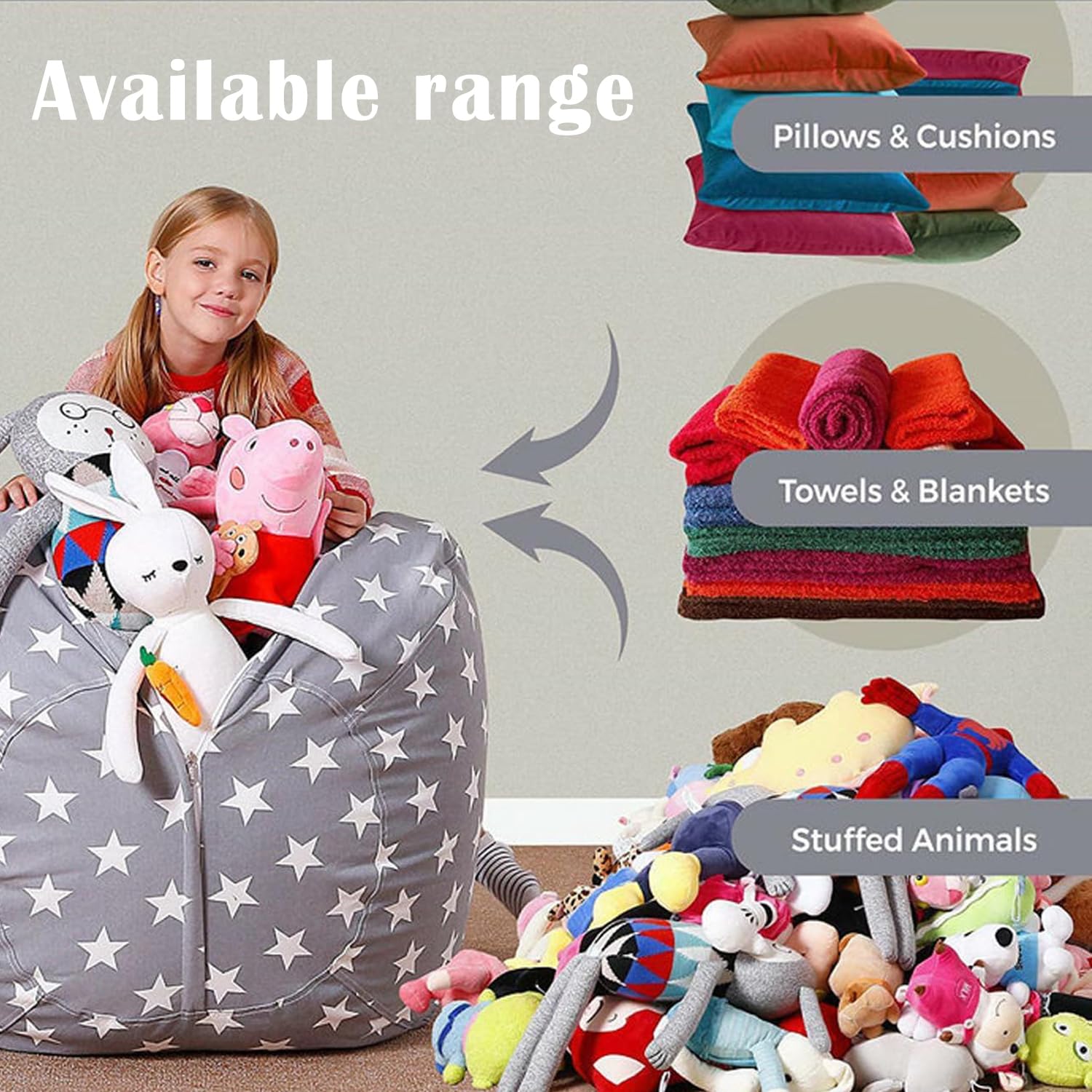 Bolsa Almacenamiento Juguetes Felpa, Lona Bolsa De Frijoles Rellenable, Puffs Plegable para Niños, Grande Bolsa Puff para Guardar para Organizar Juguetes, Ropa (Estrellas Grises, 22 Pulgadas)
