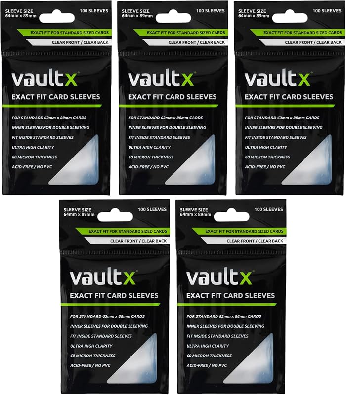 Vault X Exact Fit Inner Sleeves (500 Pack) Clear for Trading Cards | Double-sleeve cards inside toploaders & holders. Perfect-fit clear inner sleeves, acid-free. 500-pack, archival-safe.