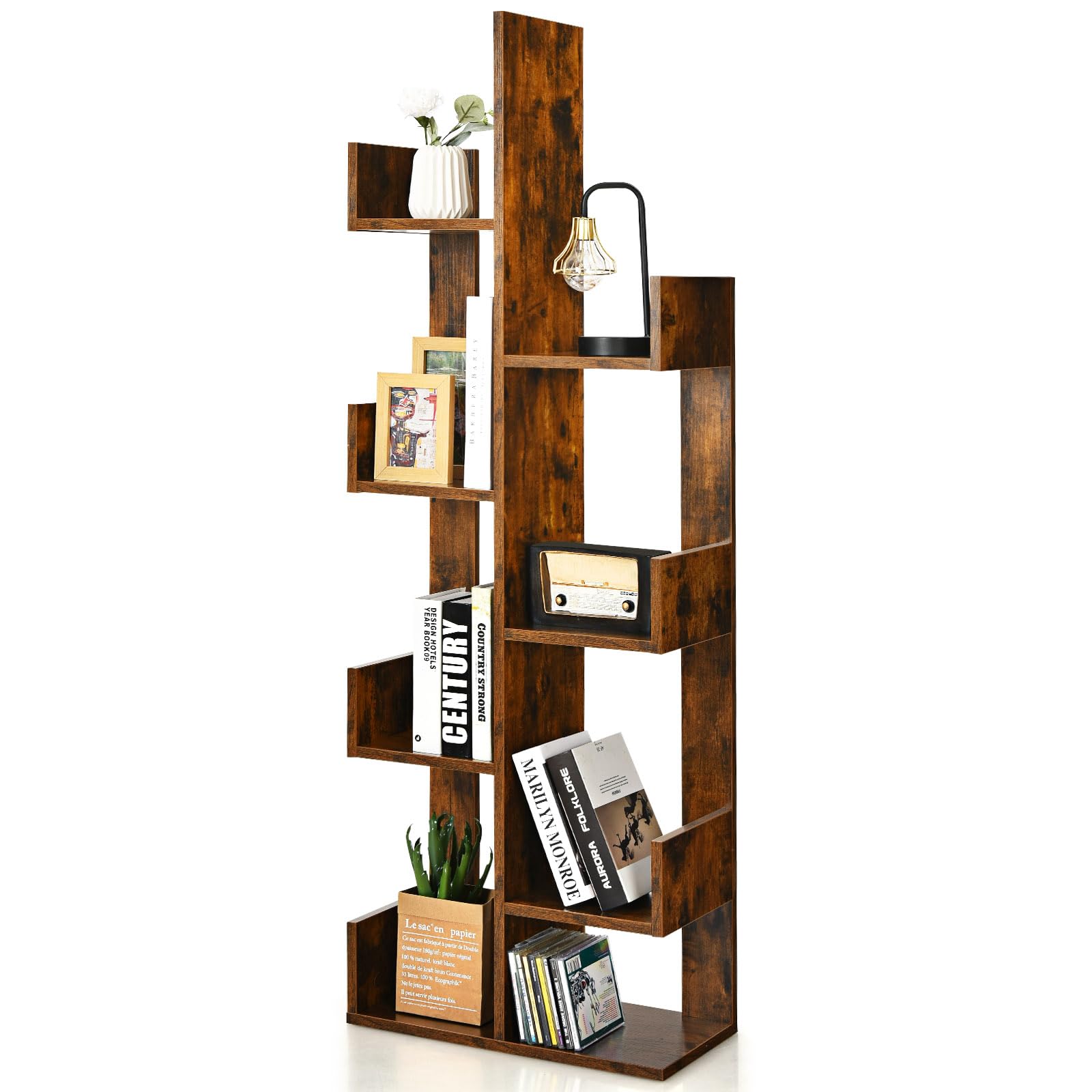 GIANTEX Scaffale Libreria a Albero, a 8 Livelli, Ideale per Soggiorno, Studio e Ufficio, Stile Moderno, Nero/Bianco/Marrone, 50x24,5x145 cm (Marrone)